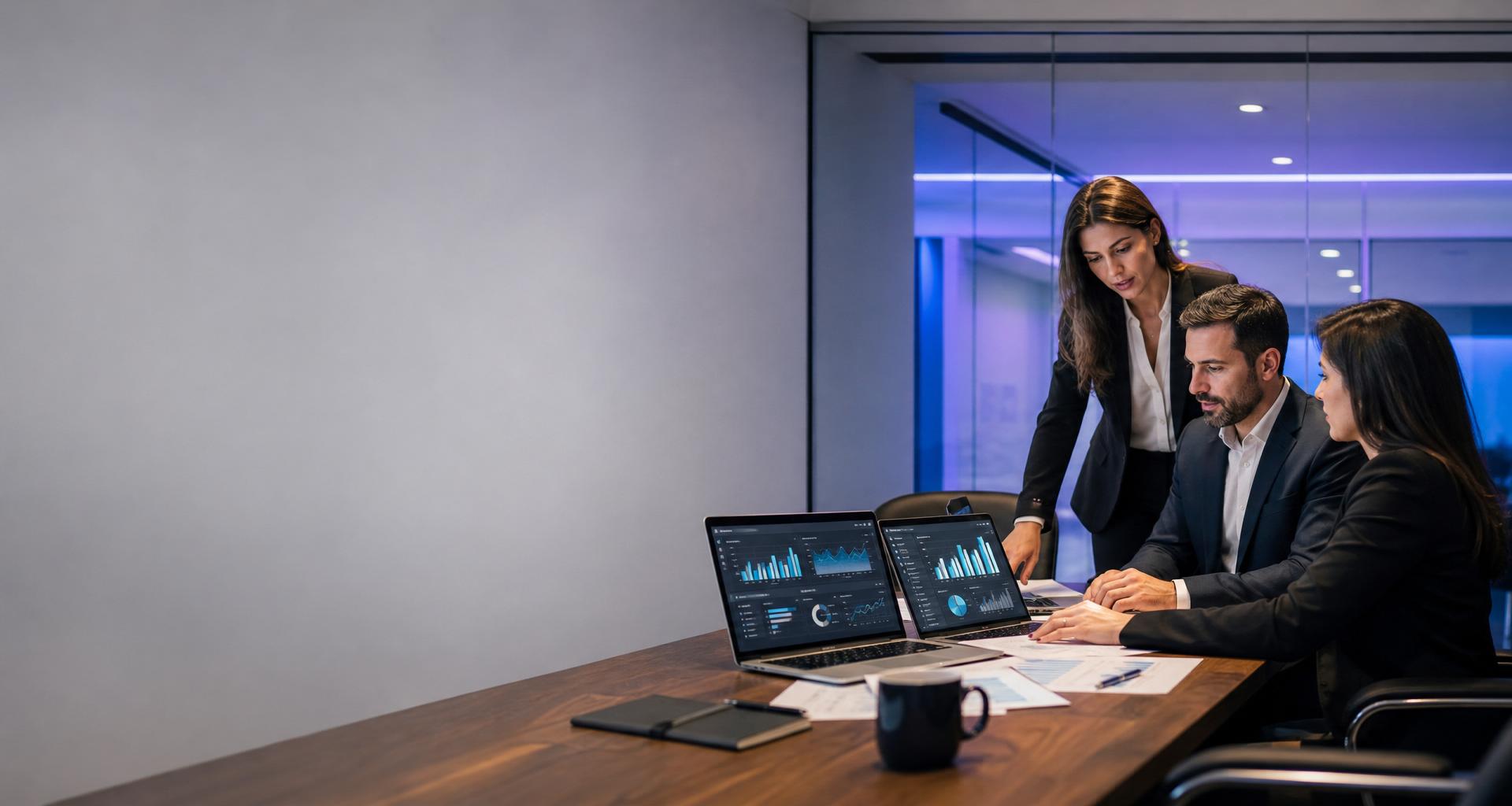 Equipe de contadores consultivos analisando dashboards financeiros em escritório contábil moderno